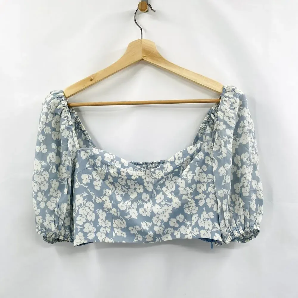 Reformation 4 Blouse Sinead Crop Top Puff Sleeve in Blue Floral